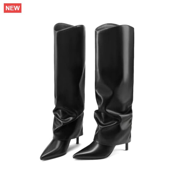 Women's Knee High Boots Stiletto Heel Fold Over Slouchy Pointed Toe Side Zipper - Picture 5 of 7